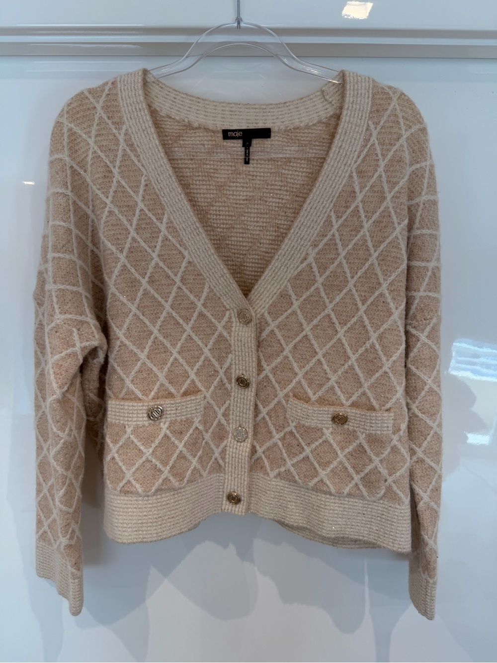 Maje Beige Cream Diamond-Pattern V-Neck Cardigan